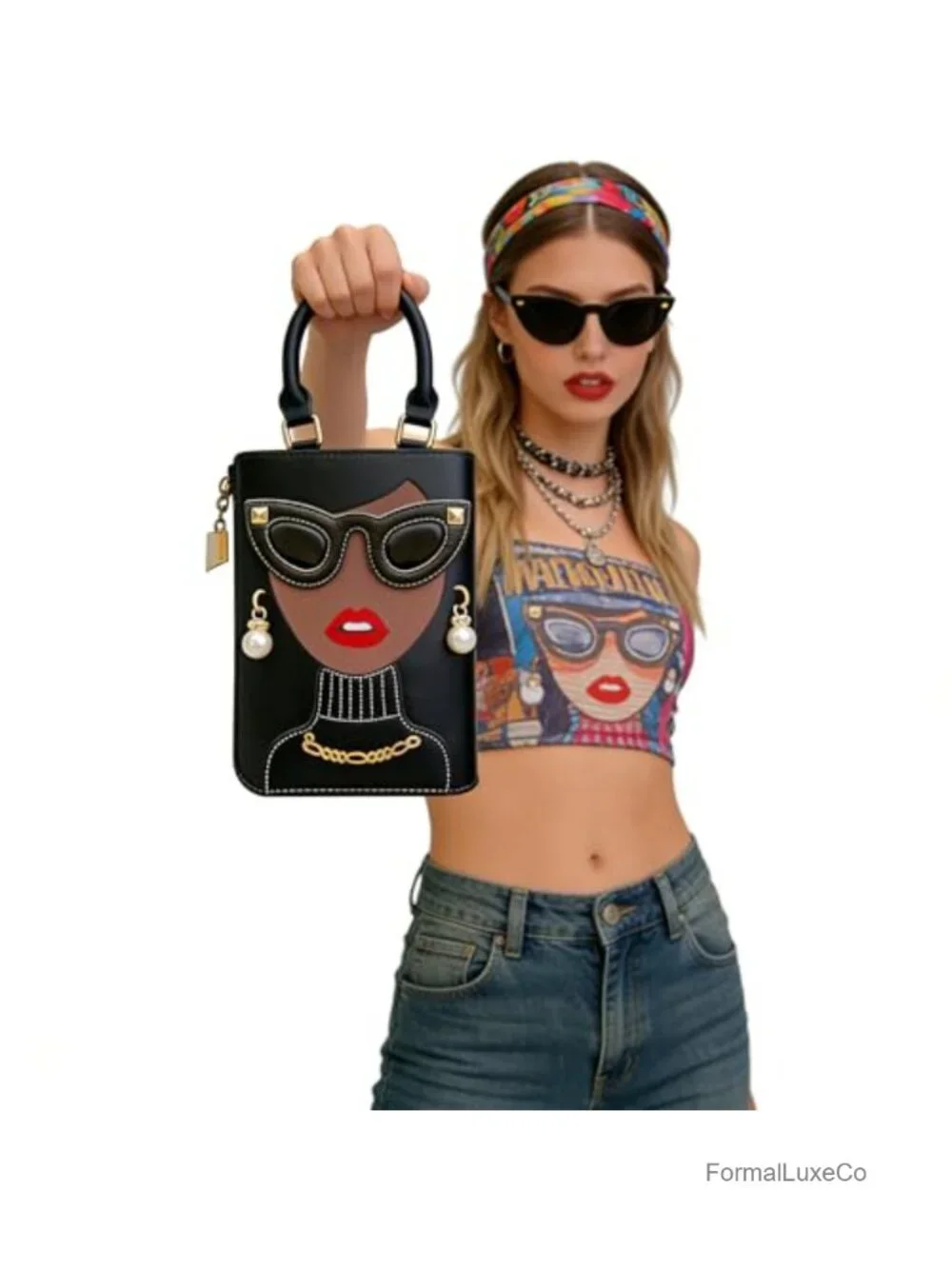 Women's Novelty 3D Lady Face Satchel PU Leather Handbag with Pearl Gold